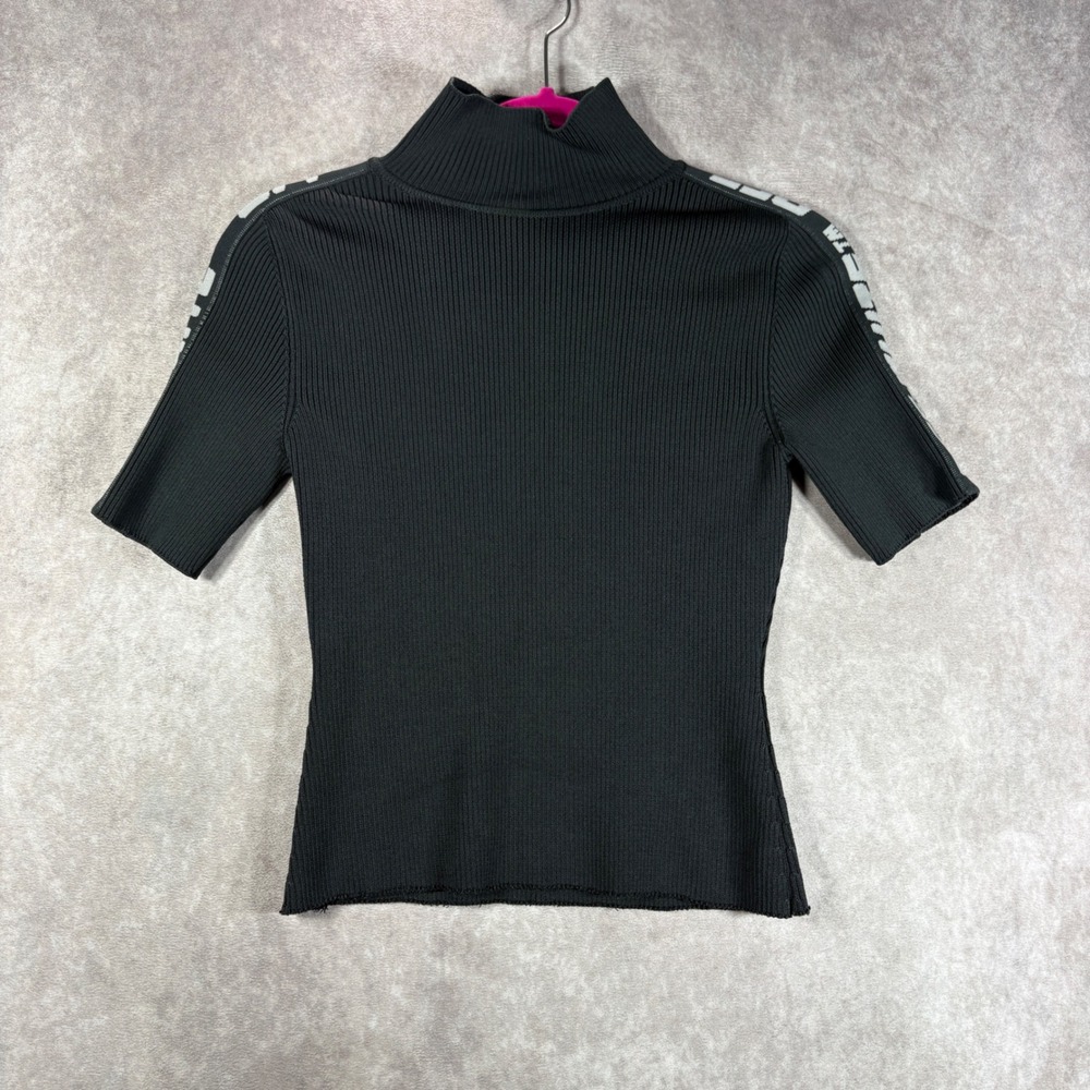 Off-White Top Womens M Black Ribbed Mock Neck Logo Tape Short Sleeve Streetwear